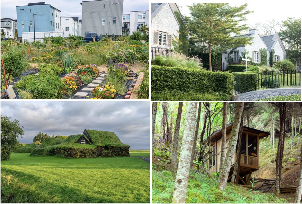 Four kinds of shared living: garden homes, hedged houses, a sod-roof house and a forest cabin