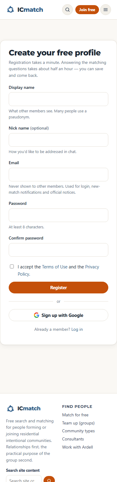 The registration form