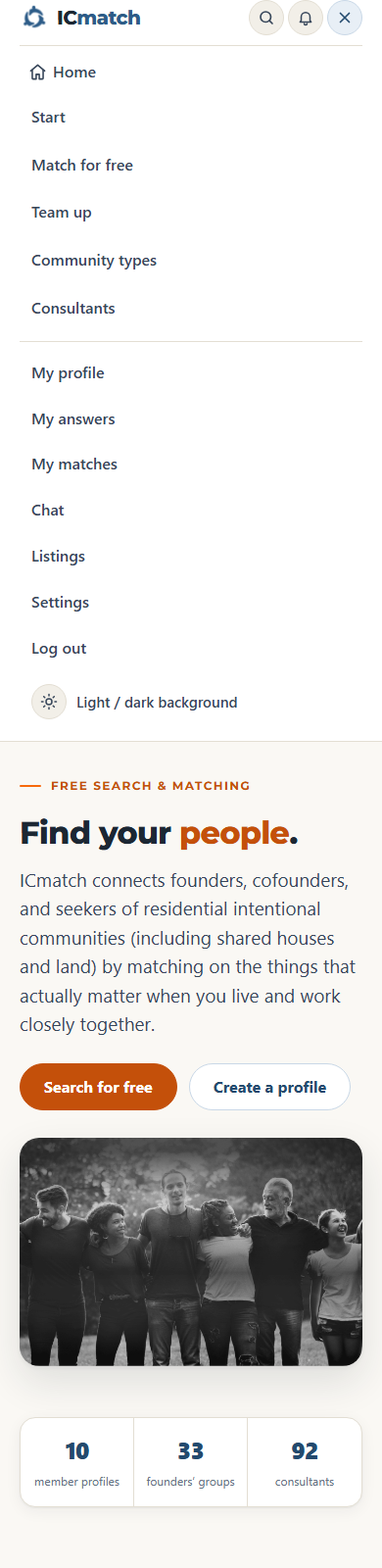 The menu with the account links